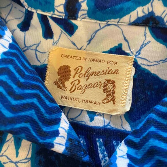 Vintage Polynesian Bazaar Blue White Seashell Hawaiian Shirt Size Medium - Picture 2 of 8
